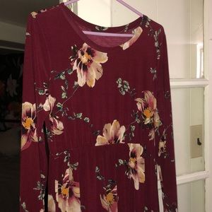 Maroon floral long sleeve midi dress, size L